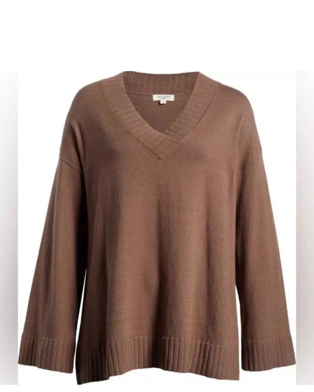 Max Studio London Brown Ribbed Hem V-Neck Pull Over Light Weight Sweater Size L